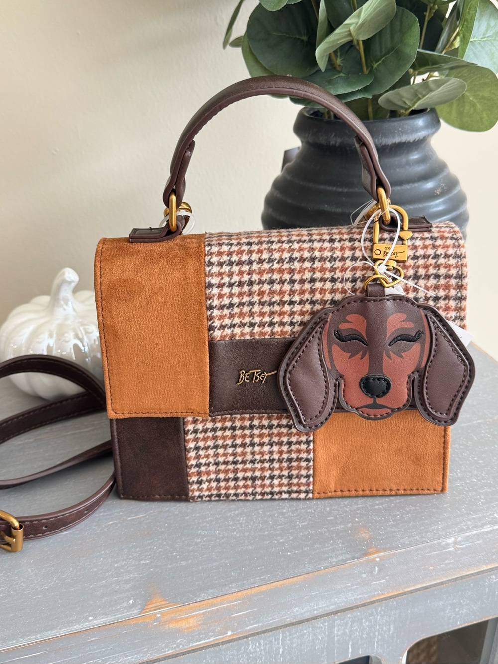 Betsey Johnson Brown Patchwork Top-Handle Bag with Dachshund Charm